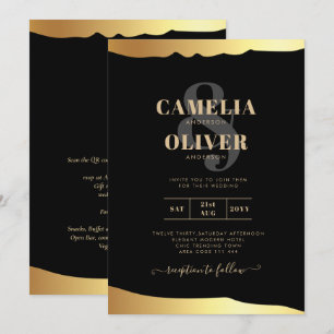 Convites Casamento Black Tie Dourado Folha de Script Evento
