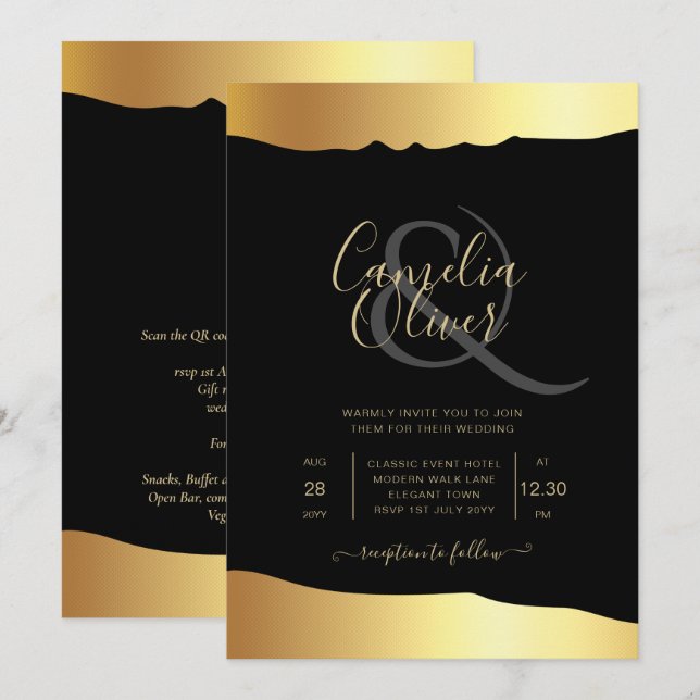 Convites Casamento Black Tie Roteiro Folha Dourada Evento E (Frente/Verso)