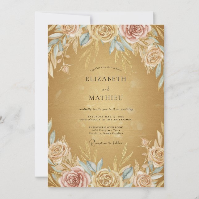 Convites Casamento Bloom Pintado a Ouro (Frente)