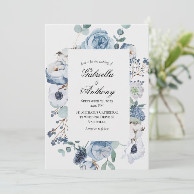 Convites Casamento Blue Floral Watercolor (Em pé/Frente)