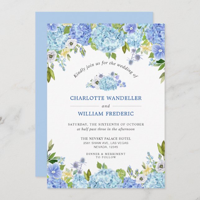 Convites Casamento Blue Hydrangeas Greenery Watercolor (Frente/Verso)