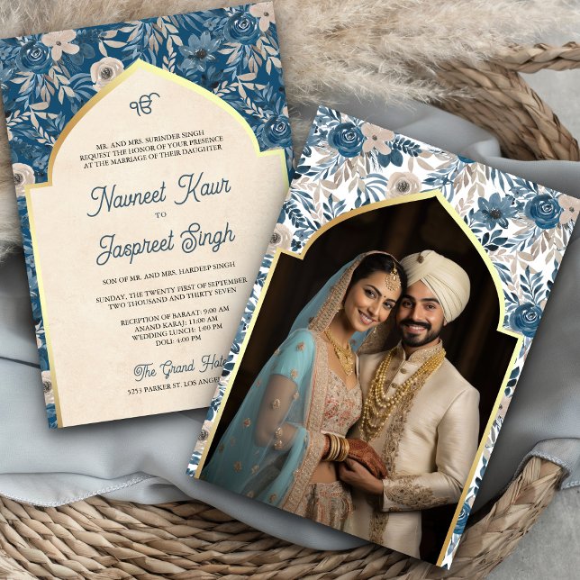 Convites Casamento Blue Ivory Floral Anand Karaj Sikh (Criador carregado)