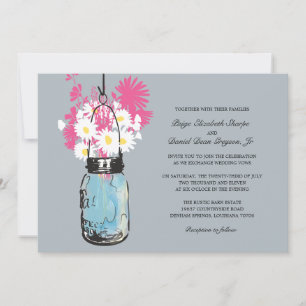 Convites Casamento Blue Mason Jar Daisies e Wildflower