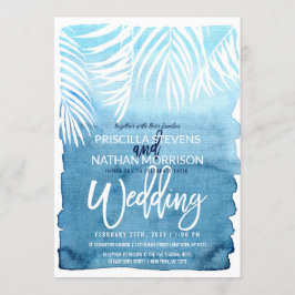 Convites Casamento Blue Palm Tree Fronds Blue Watercolor