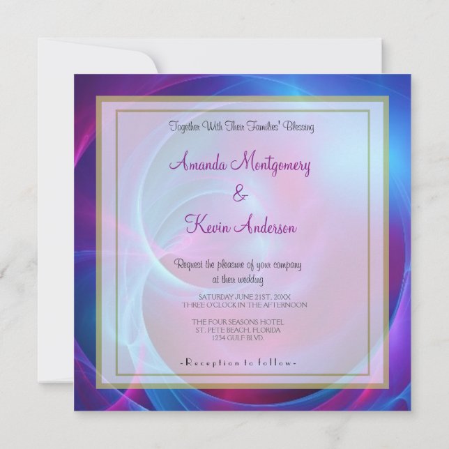 Convites Casamento Blue Violet e Pink Cosmic Swirly Fracta (Verso)