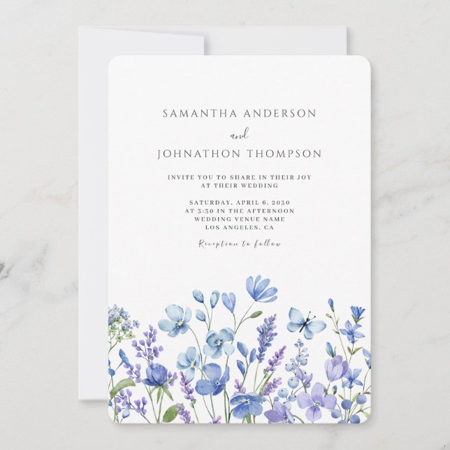 Convites Casamento Blue Wildflower Watercolor (Frente)