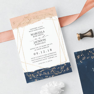 Convites Casamento Blush, Dourado e Marinho
