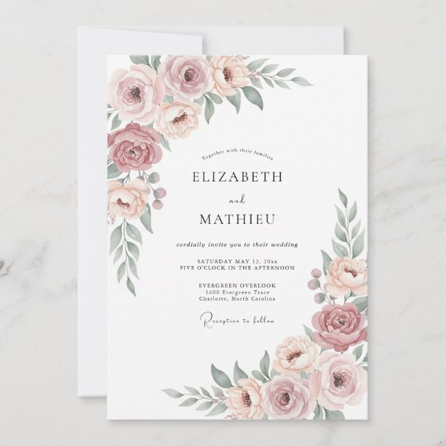 Convites Casamento Blush Dusty Mauve Blossom (Frente)