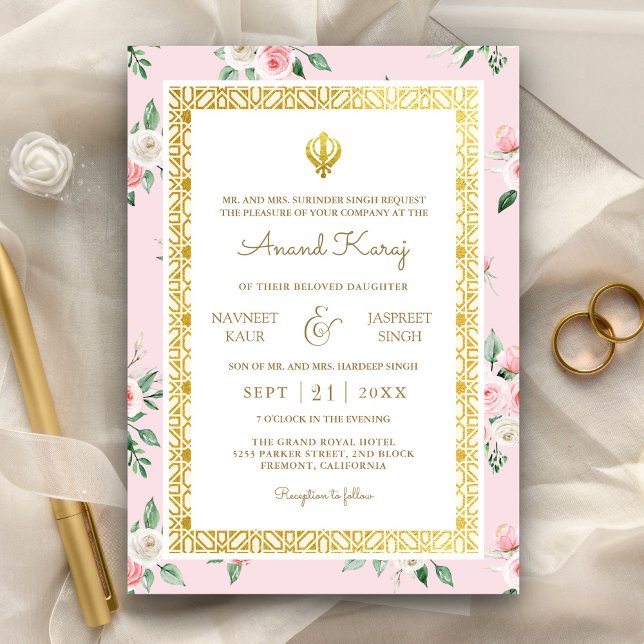 Convites Casamento Blush Pink Floral Anand Karaj Punjabi Si (Criador carregado)