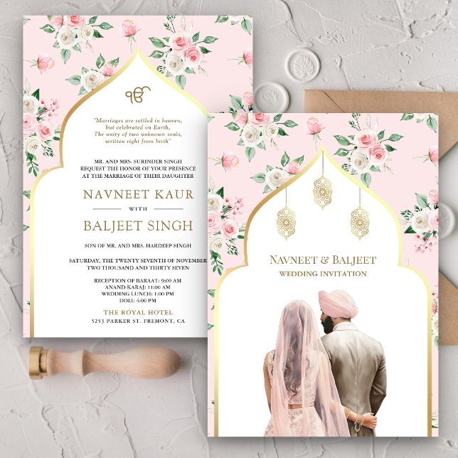 Convites Casamento Blush Pink Floral Anand Karaj Sikh (Criador carregado)