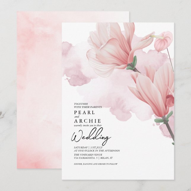 Convites Casamento Blush Pink Floral Magnolia Watercolor (Frente/Verso)