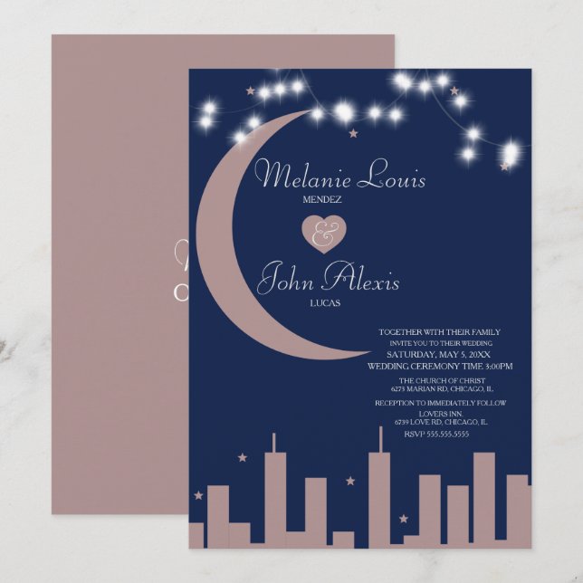 Convites Casamento Blush Rosa Marinho Céu Noturno (Frente/Verso)