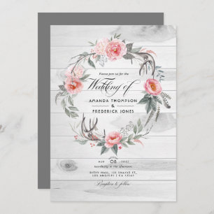 Convites Casamento Boêmico com Código QR Floral Rosa e Cinz