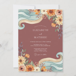 Convites Casamento Boêmio Artístico Terracota Teal
