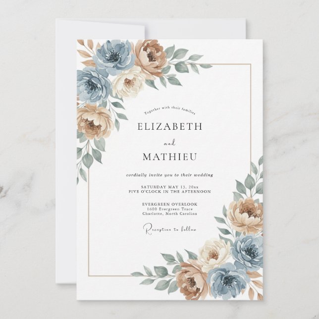 Convites Casamento Boêmio Azul Empoeirado Bege (Frente)