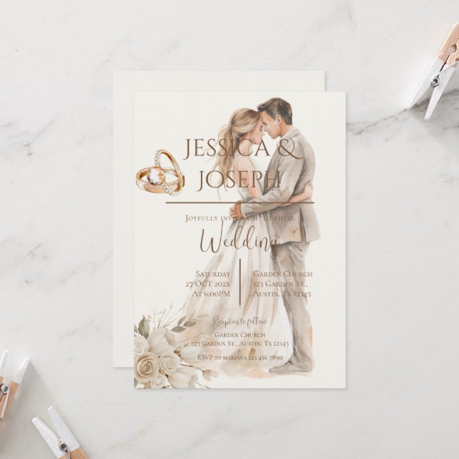 Convites Casamento boêmio com aliança e silhueta dos noivos (Frente/Verso In Situ)