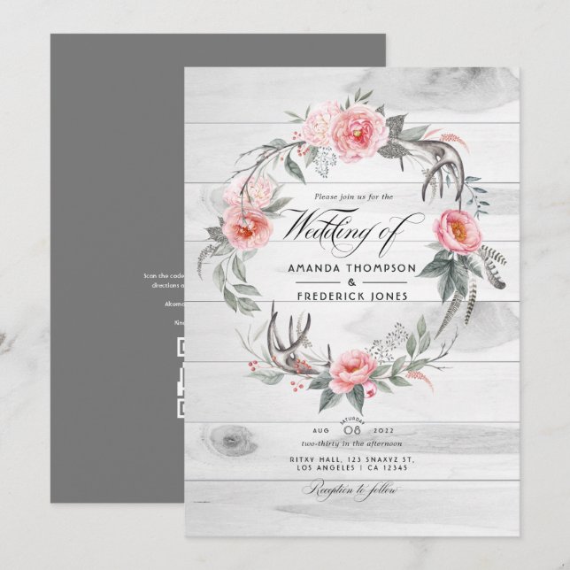 Convites Casamento Boêmio com Código QR para RSVP Floral Ro (Frente/Verso)
