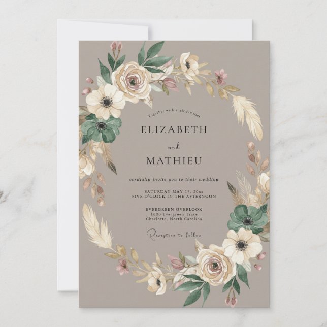 Convites Casamento Boêmio Floral Taupe (Frente)