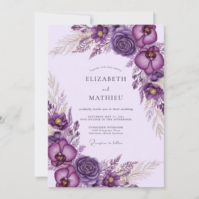 Convites Casamento Boêmio Luxuoso Roxo (Frente)