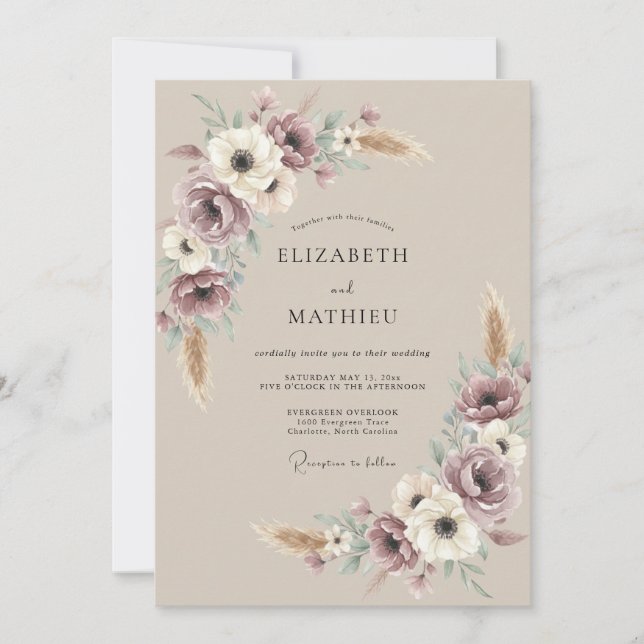 Convites Casamento Boêmio Terroso Malva (Frente)