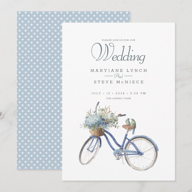 Convites Casamento Bohemian Blue Bicycle Watercolor (Frente/Verso)