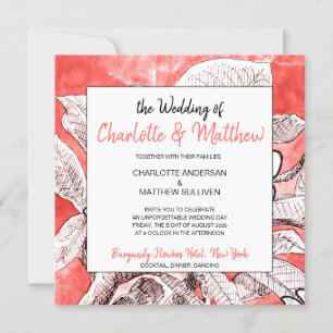 Convites Casamento Bohemian Floral Coral Drawing Watercolor