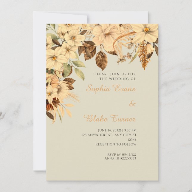 Convites Casamento Boho Amarelo Floral Outono Bambu (Frente)