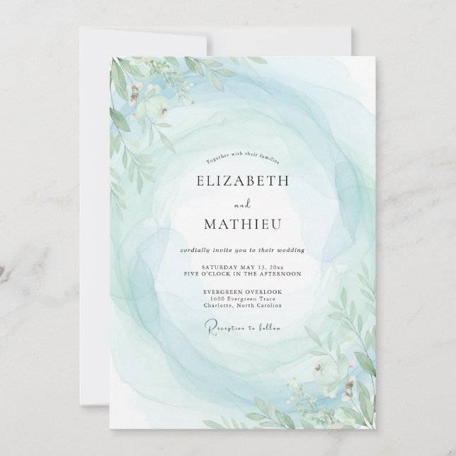 Convites Casamento Boho Aqua Folhagem de Hortelã (Frente)