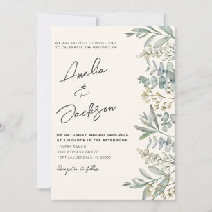 Convites Casamento Boho Aquarela Eucalipto Verde e Marfim