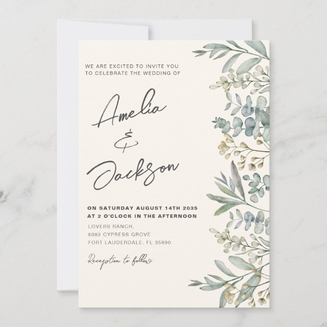 Convites Casamento Boho Aquarela Eucalipto Verde e Marfim (Frente)