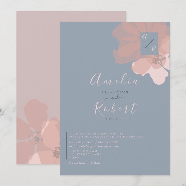Convites Casamento Boho Aquarela Rosa Azul Poeira (Frente/Verso)
