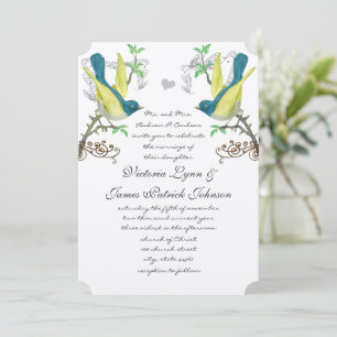 Convites Casamento Boho Arbor de Aves Vintage Azul e Amarel