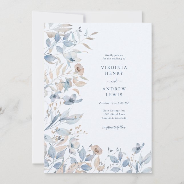 Convites Casamento Boho Azul de Flor Silvestre (Frente)