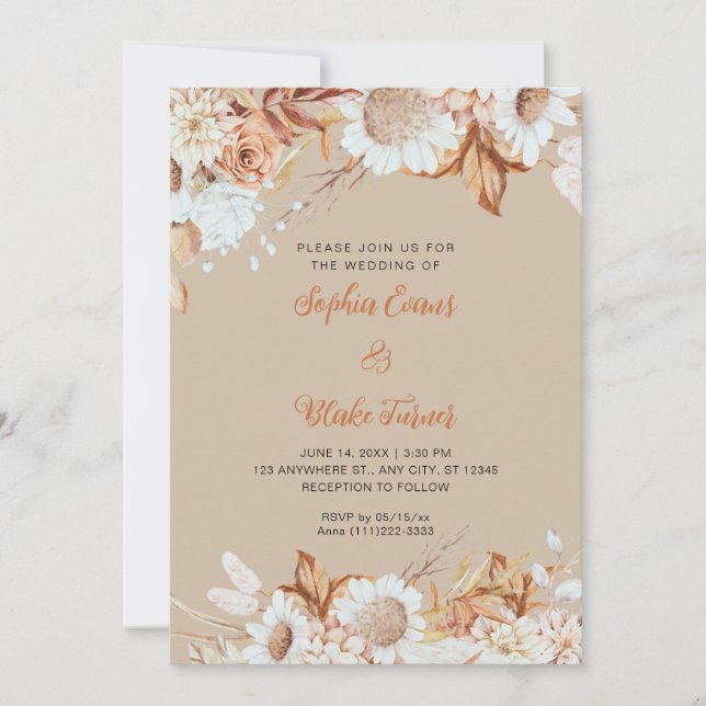 Convites Casamento Boho Baunilha Marrom Branco Flores Rústi (Frente)