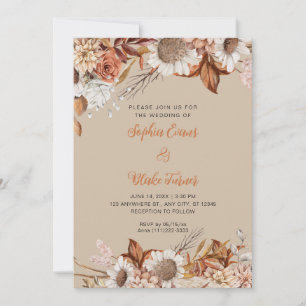 Convites Casamento Boho Baunilha Marrom Branco Flores Rústi