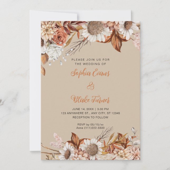 Convites Casamento Boho Baunilha Marrom Branco Flores Rústi (Frente)