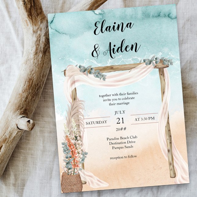 Convites Casamento Boho Beach Arbor Aquarela Oceano (Criador carregado)