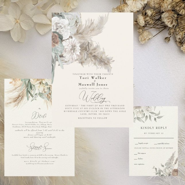 Convites Casamento Boho Beige Pampas Sem Pais (Criador carregado)