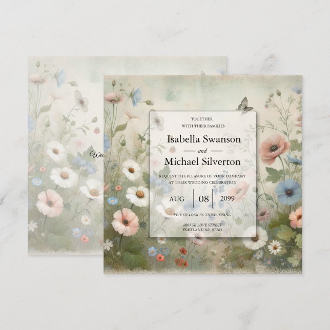 Convites Casamento Boho Blooms e Juramentos Vintage (Frente/Verso)
