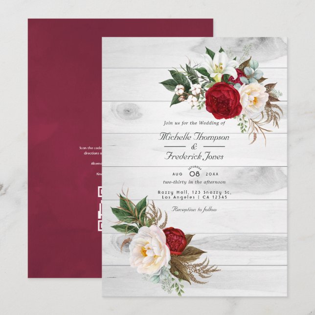 Convites Casamento Boho Borgonha/Marsala Floral QR Code RSV (Frente/Verso)
