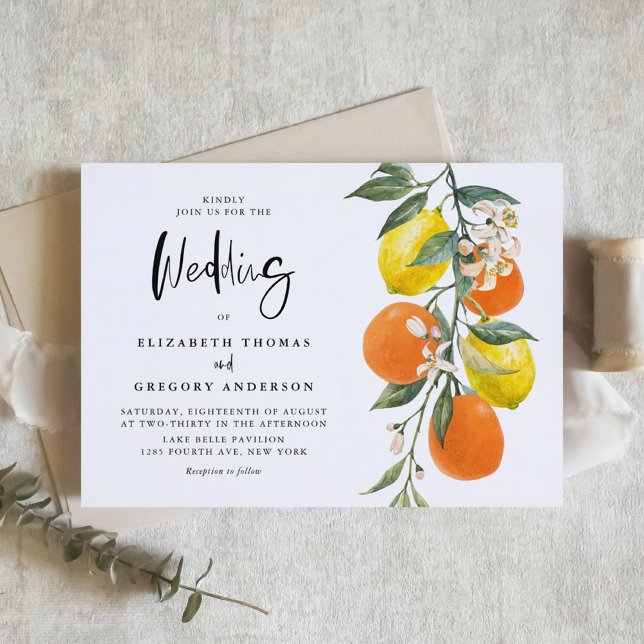 Convites Casamento Boho Botânico com Limões e Laranjas (Boho Botanical Lemons and Oranges Garland Wedding Invitation)