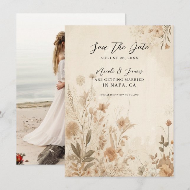 Convites Casamento Boho Botânico Floral Delicado Vintage (Frente/Verso)