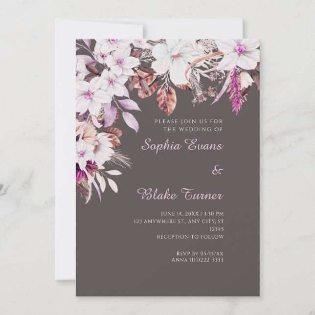 Convites Casamento Boho Branco e Rosa Floral Cinza Cinza Ou (Frente)