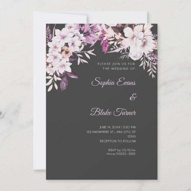 Convites Casamento Boho Branco Floral Inverno Cinza Sombra (Frente)