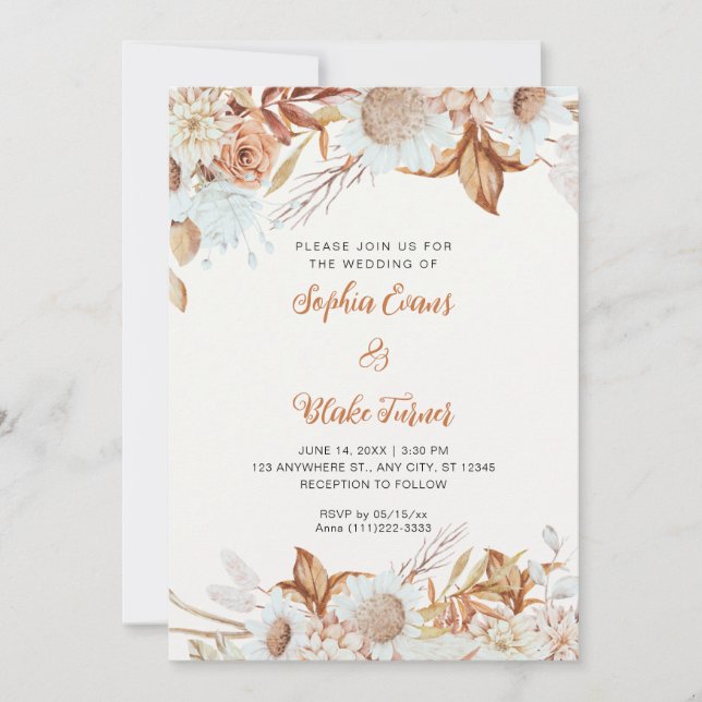 Convites Casamento Boho Branco Flores Marrom Rústico Convit (Frente)