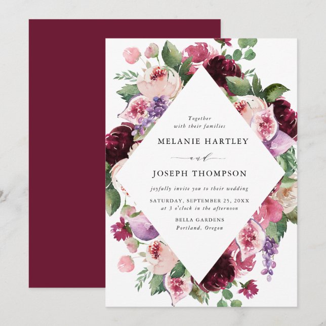 Convites Casamento Boho Burgundy & Blush Floral e Frutas (Frente/Verso)