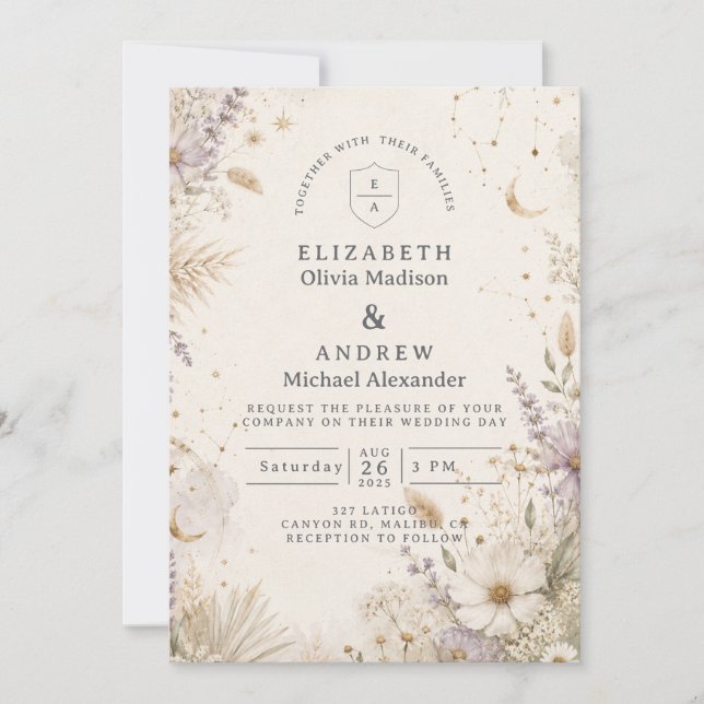 Convites Casamento Boho Celestial Elegante ao Luar (Frente)