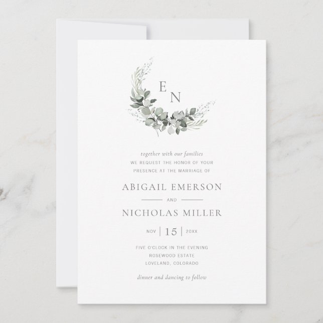 Convites Casamento Boho Chic com Eucalipto em Aquarela (Frente)