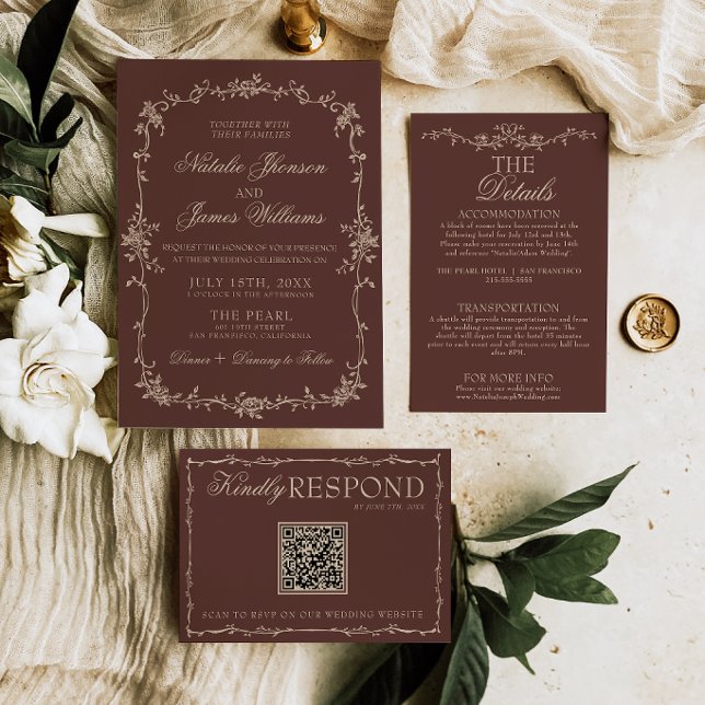 Convites Casamento Boho Chocolate Marrom Floral Old Money C (Criador carregado)