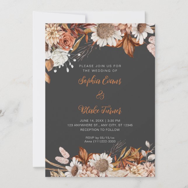 Convites Casamento Boho Cinza Flores Brancas Marrom Rústico (Frente)
